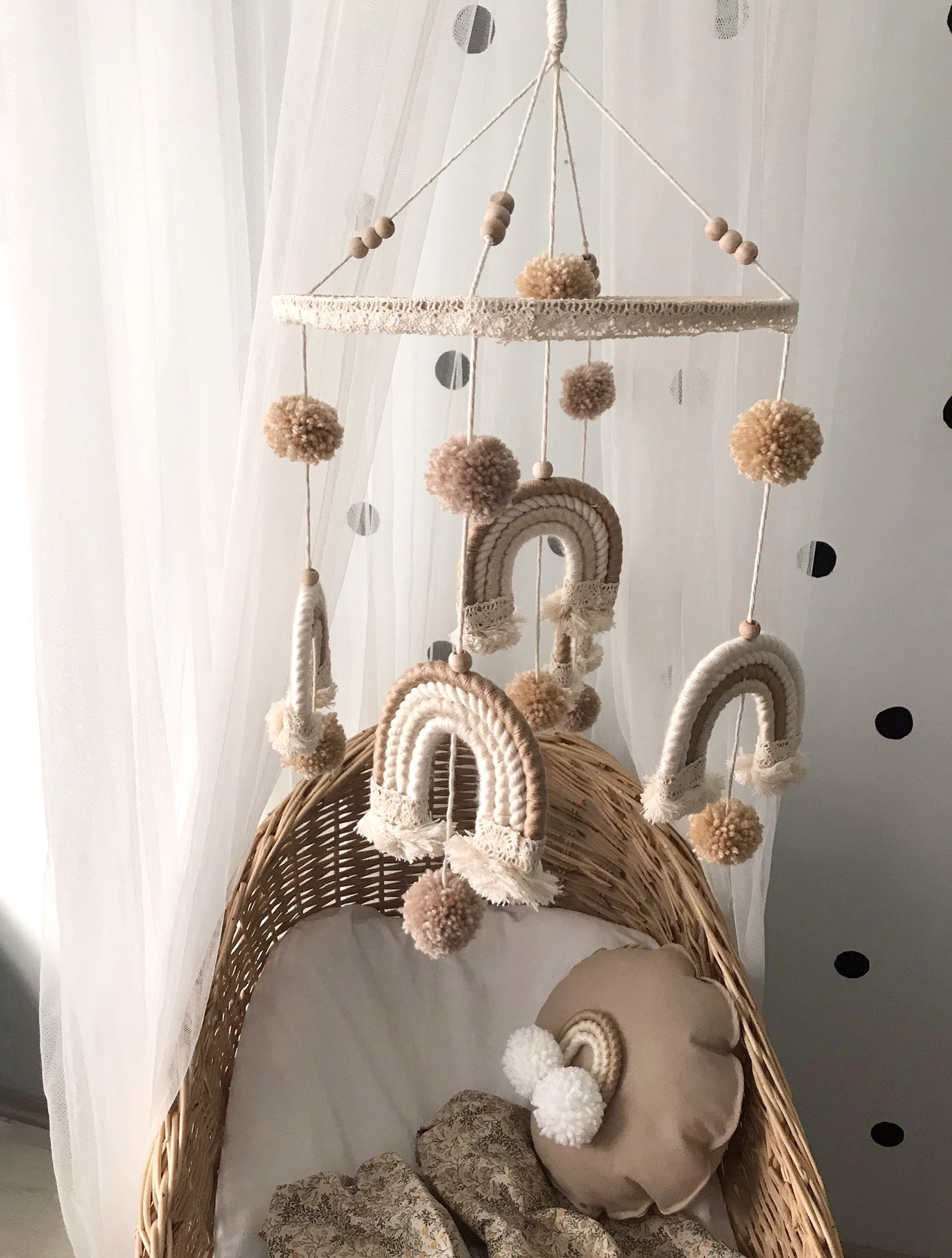 Macrame baby mobile brown pompoms