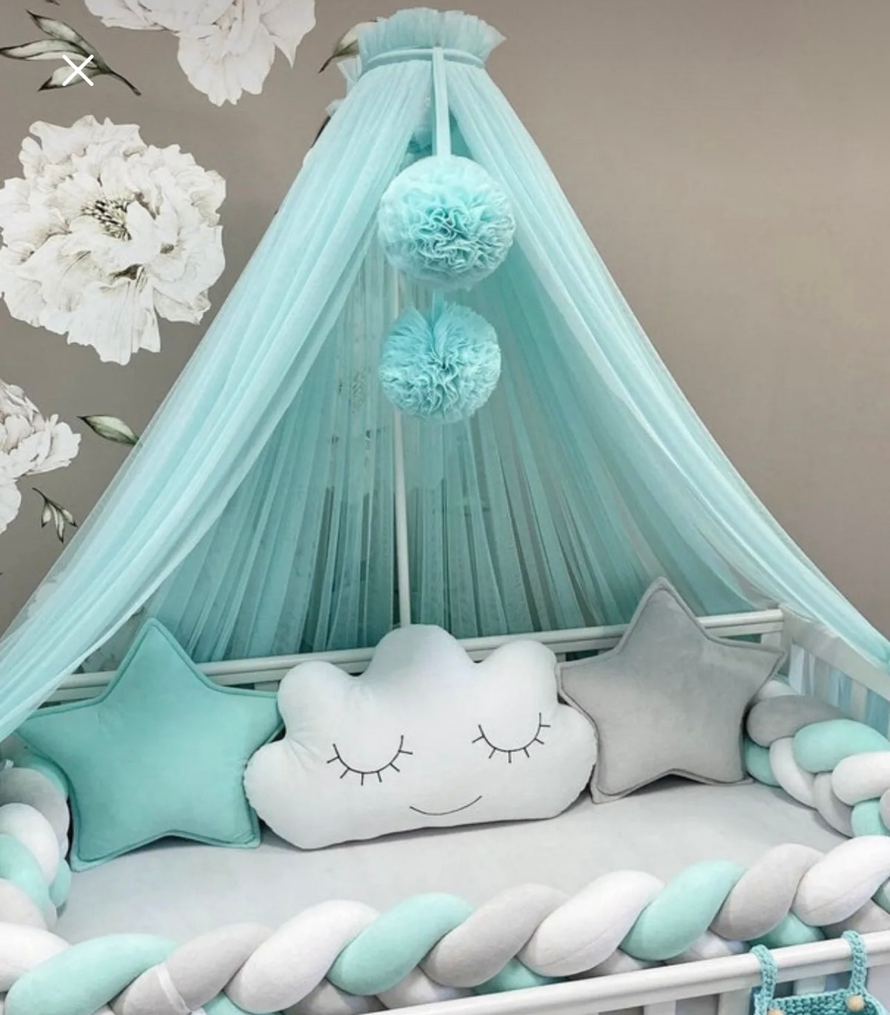 bed canopy mint green with pompoms