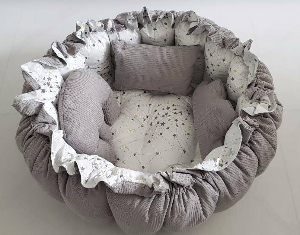 2-tlg. Set 2in1 Spielmatte / Babynest grau mit gelb/grauen Sternen