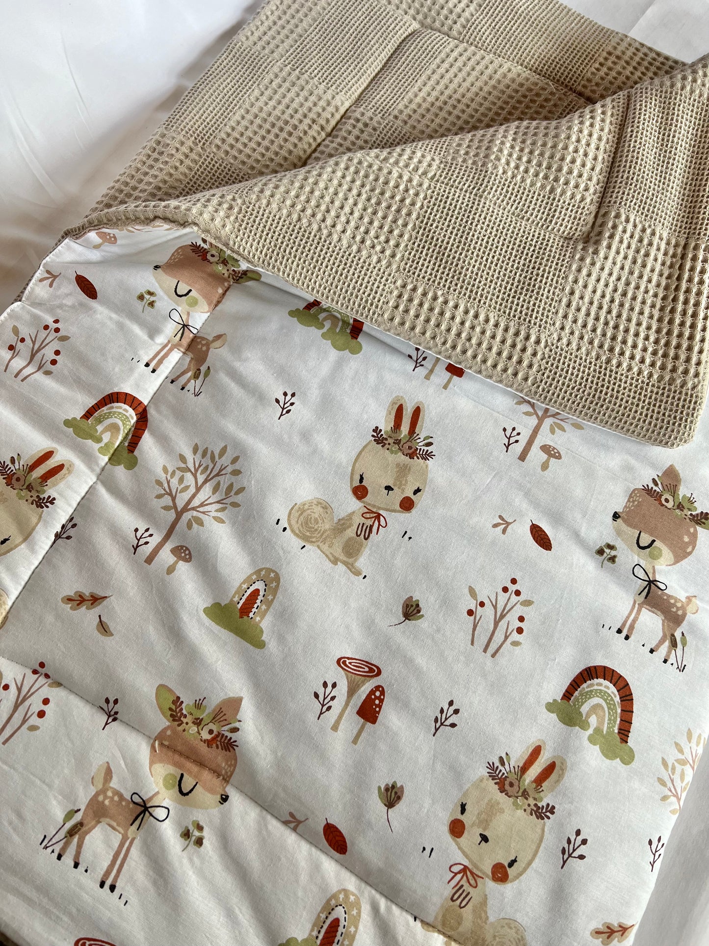 Lined Baby Blanket Taupe Deer and Rainbow