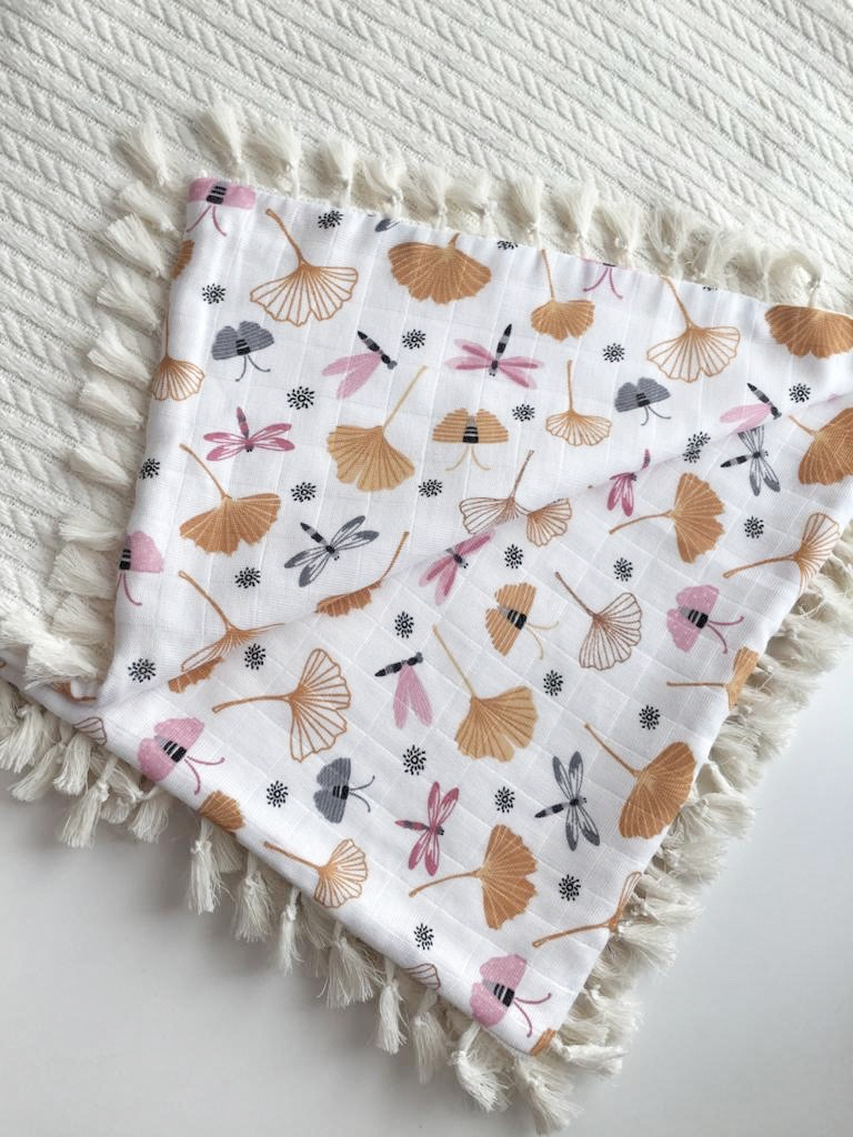 Muslin baby blanket cream orange flowers