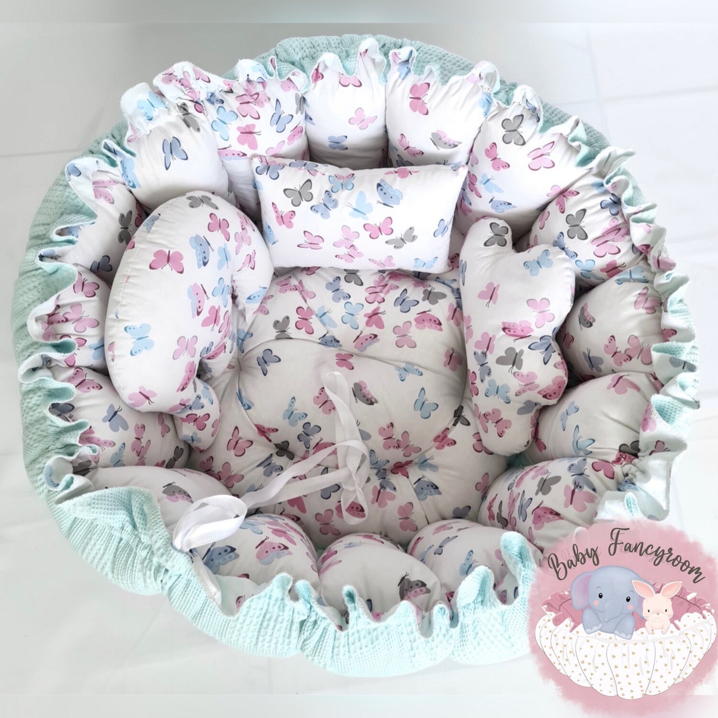 SPARSET. 2in1 Spielmatte / Babynest mintgrün bunte Schmetterlinge + Decke