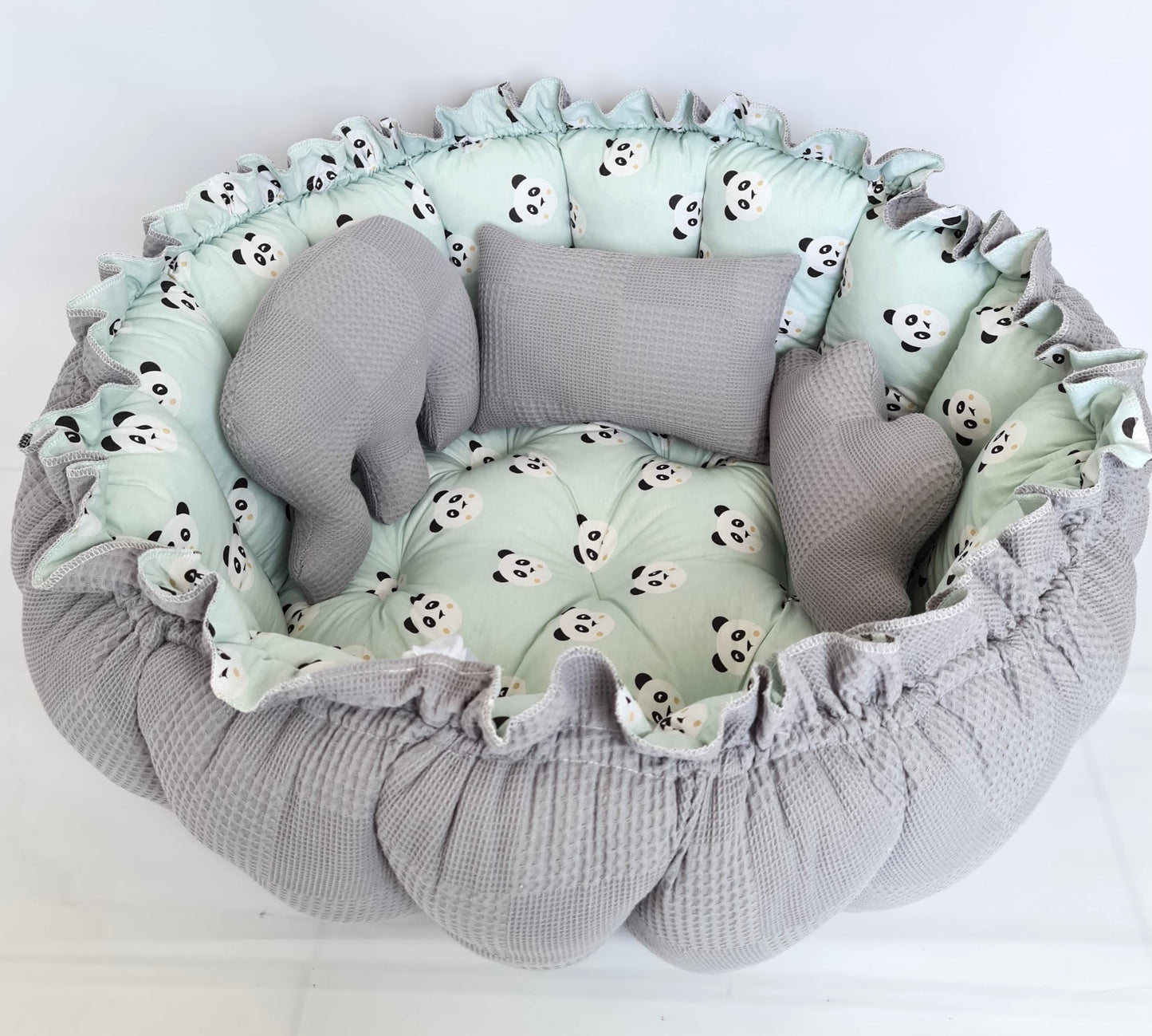 2-tlg. Set 2in1 Spielmatte / Babynest grau mintgrün Panda+ Sommerdecke