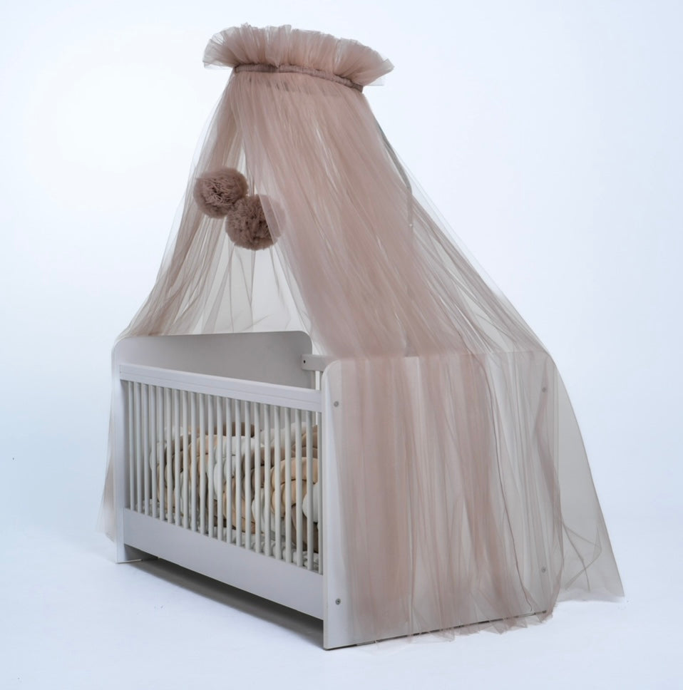 Standard tulle bed canopy with taupe bobbles