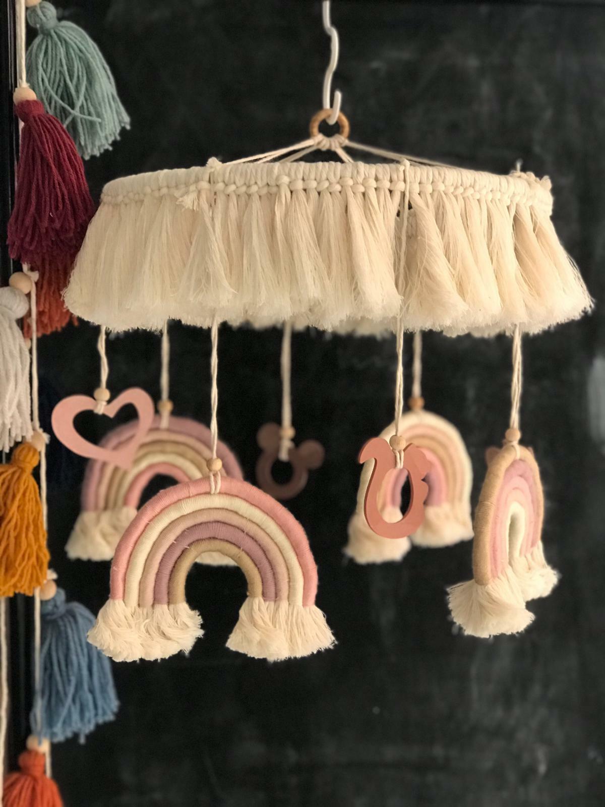 Macrame baby mobile old pink rainbow