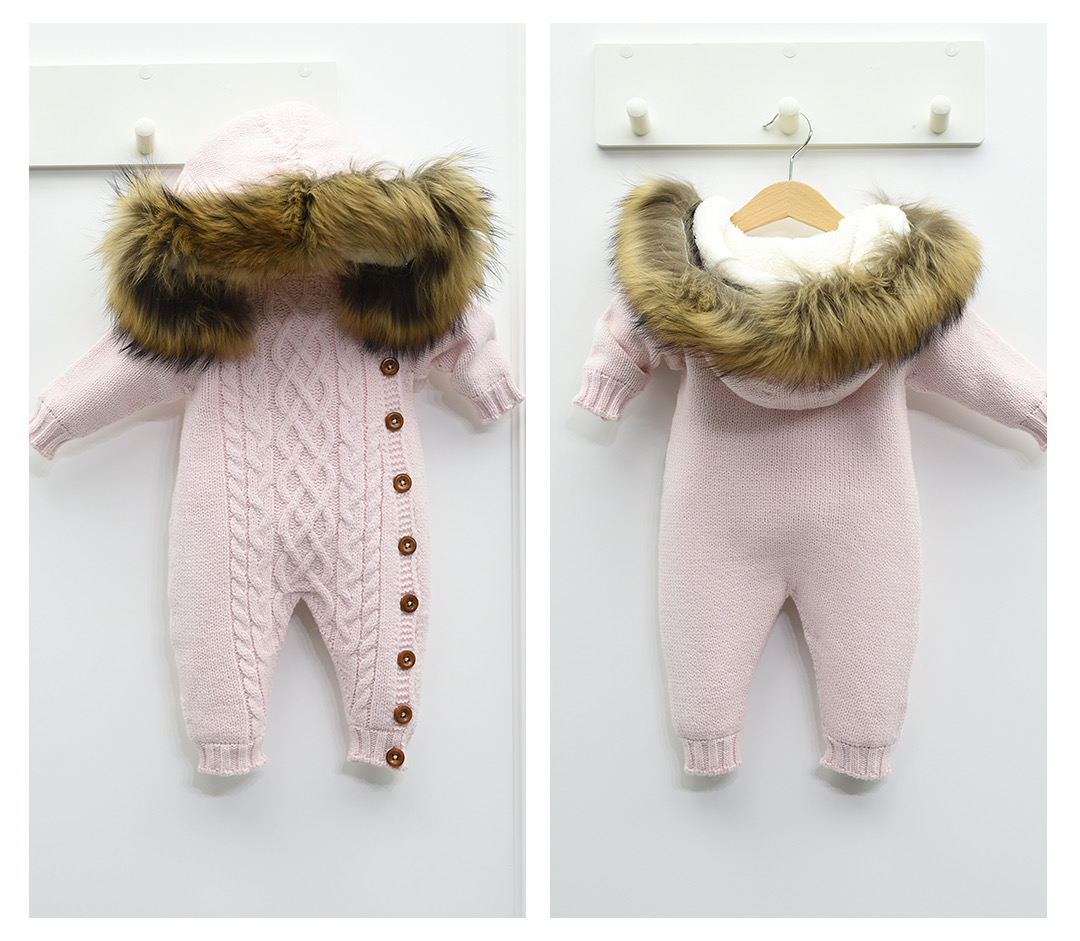 Baby knitted overall with fur hood pink size 74-86