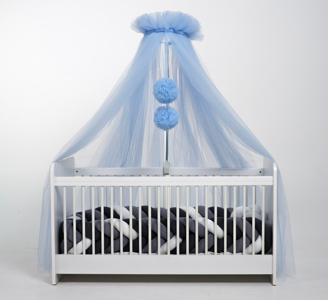 Standard tulle bed canopy with blue bobbles