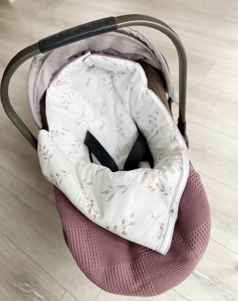2in1 Einschlagdecke für Babyschale / Baby Schlafsack dunkel altrosa Weidenkätzchen