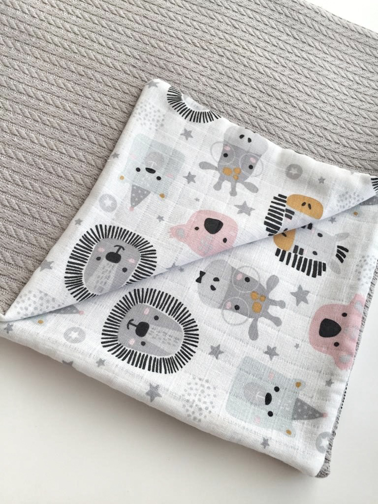Muslin Baby Blanket Gray Animals