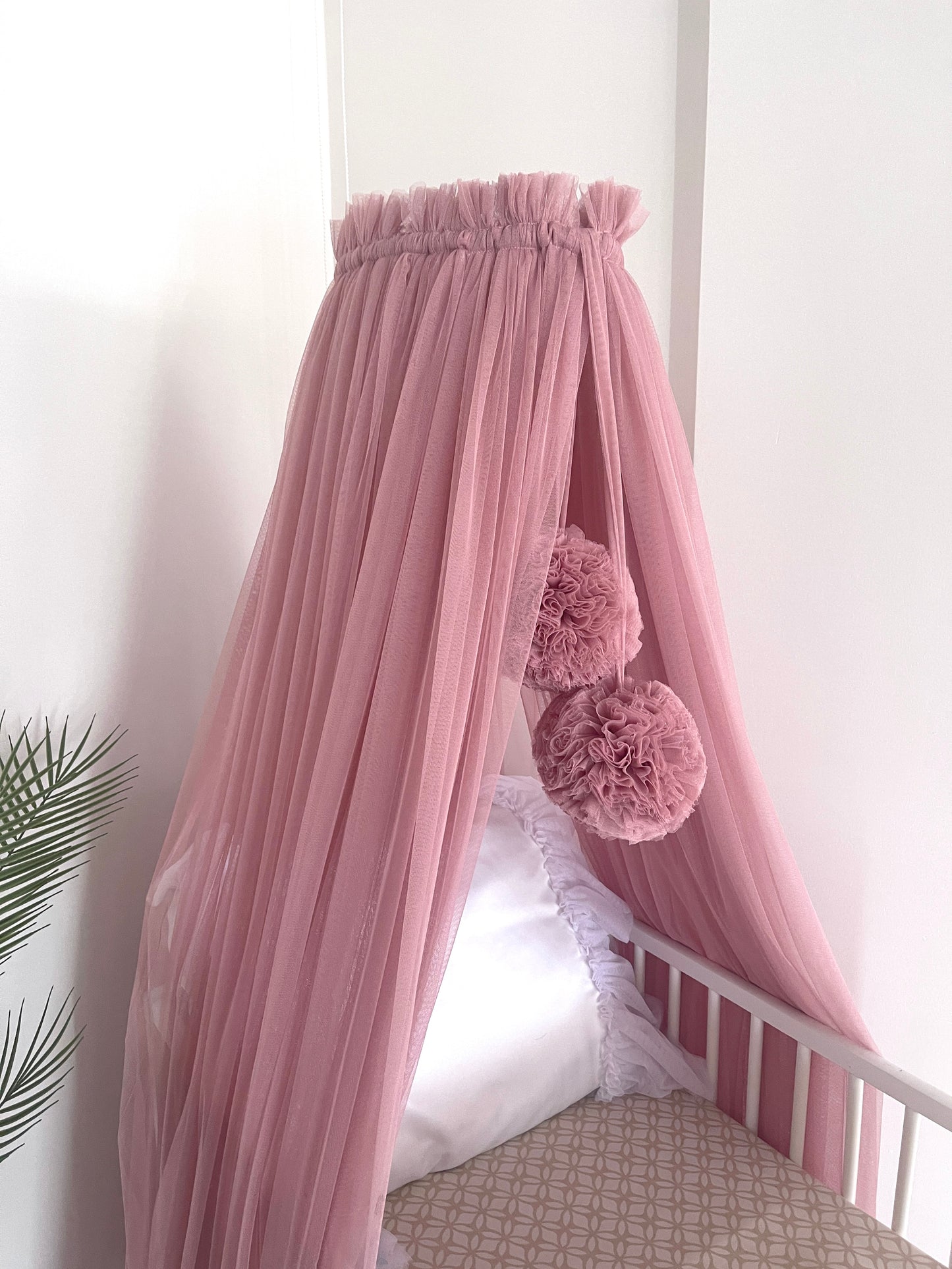 Bed canopy old pink with pompoms