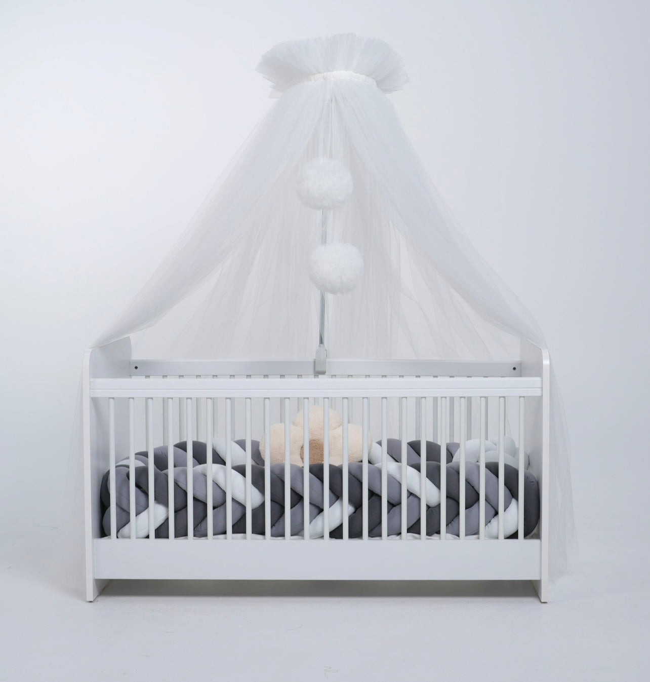 Standard tulle bed canopy with ecru pompoms