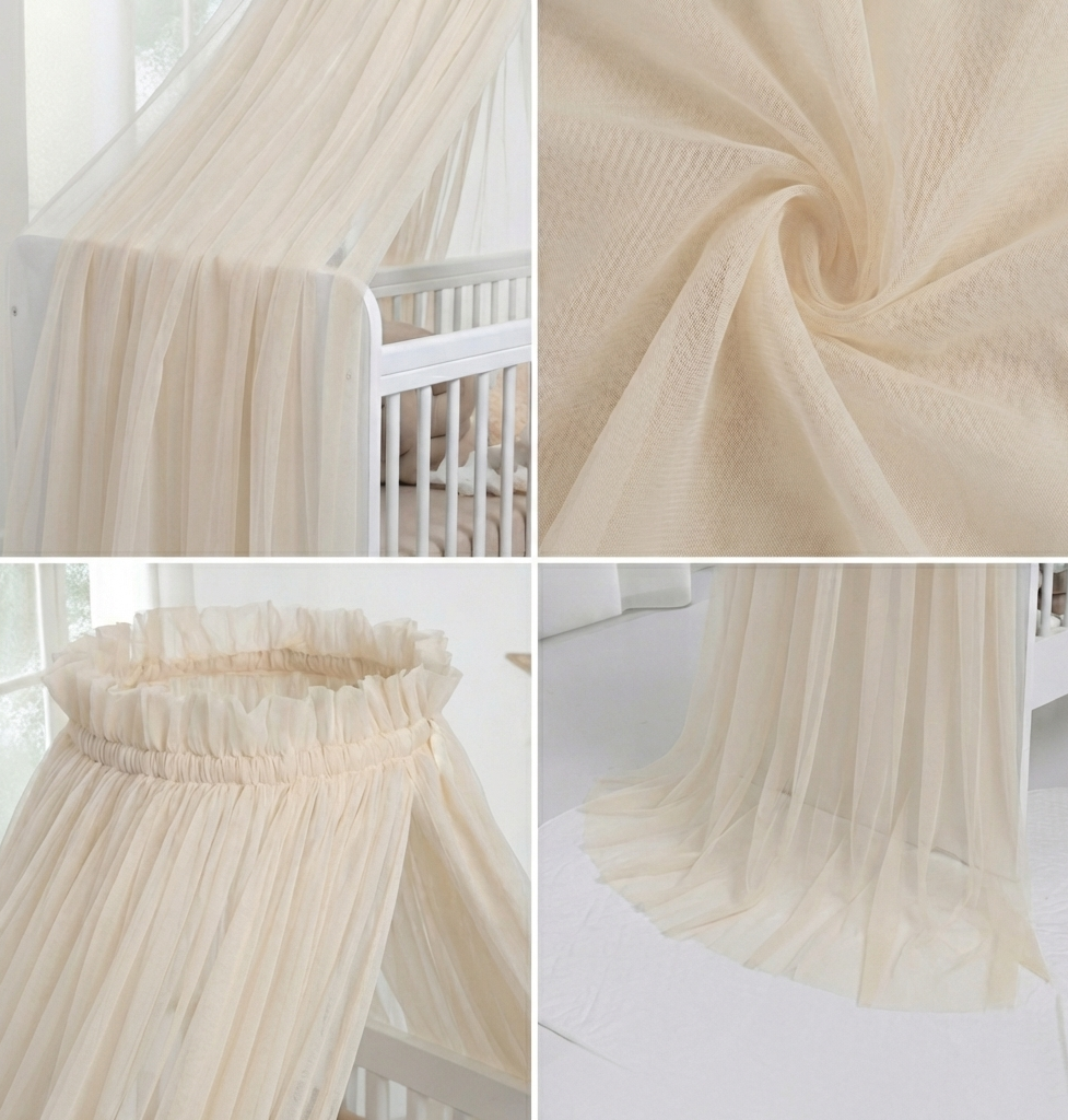 Light beige bed canopy with bobbles