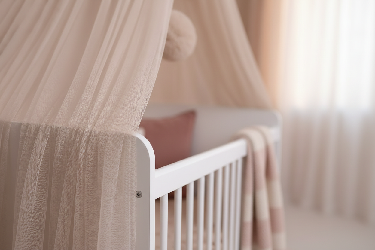 Betthimmel puder mit Bommeln ( beige mit einem leichten Rosastich)