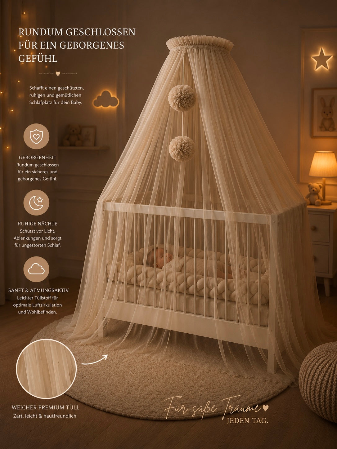 Beige bed canopy with pompoms