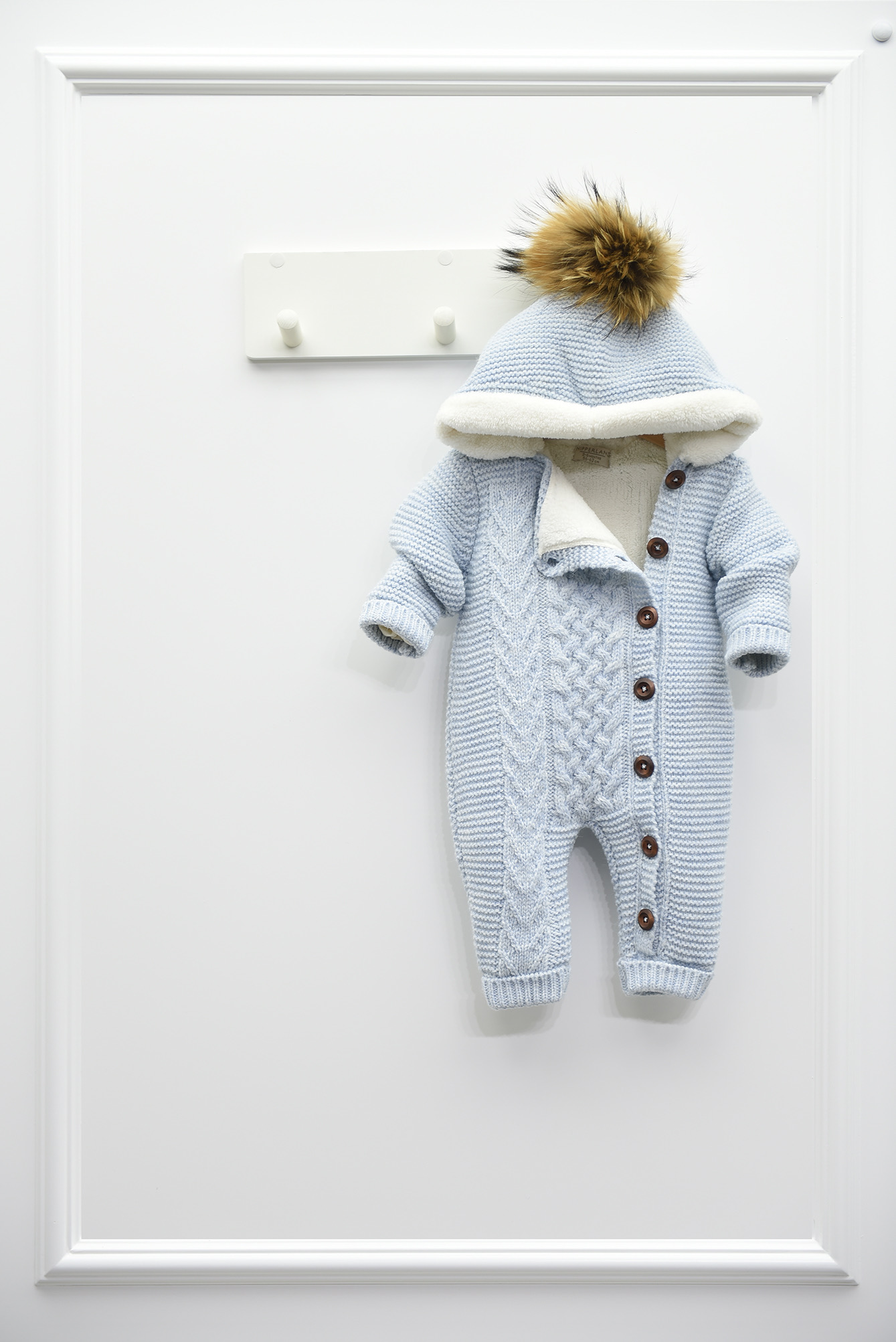 Baby knit size 68-74 overall with bobble hood blue