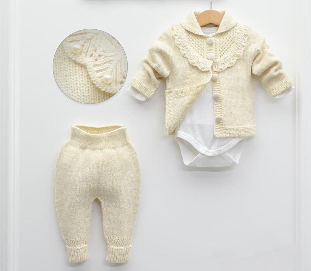 Baby knit size 68-74 top and pants cream with pearls