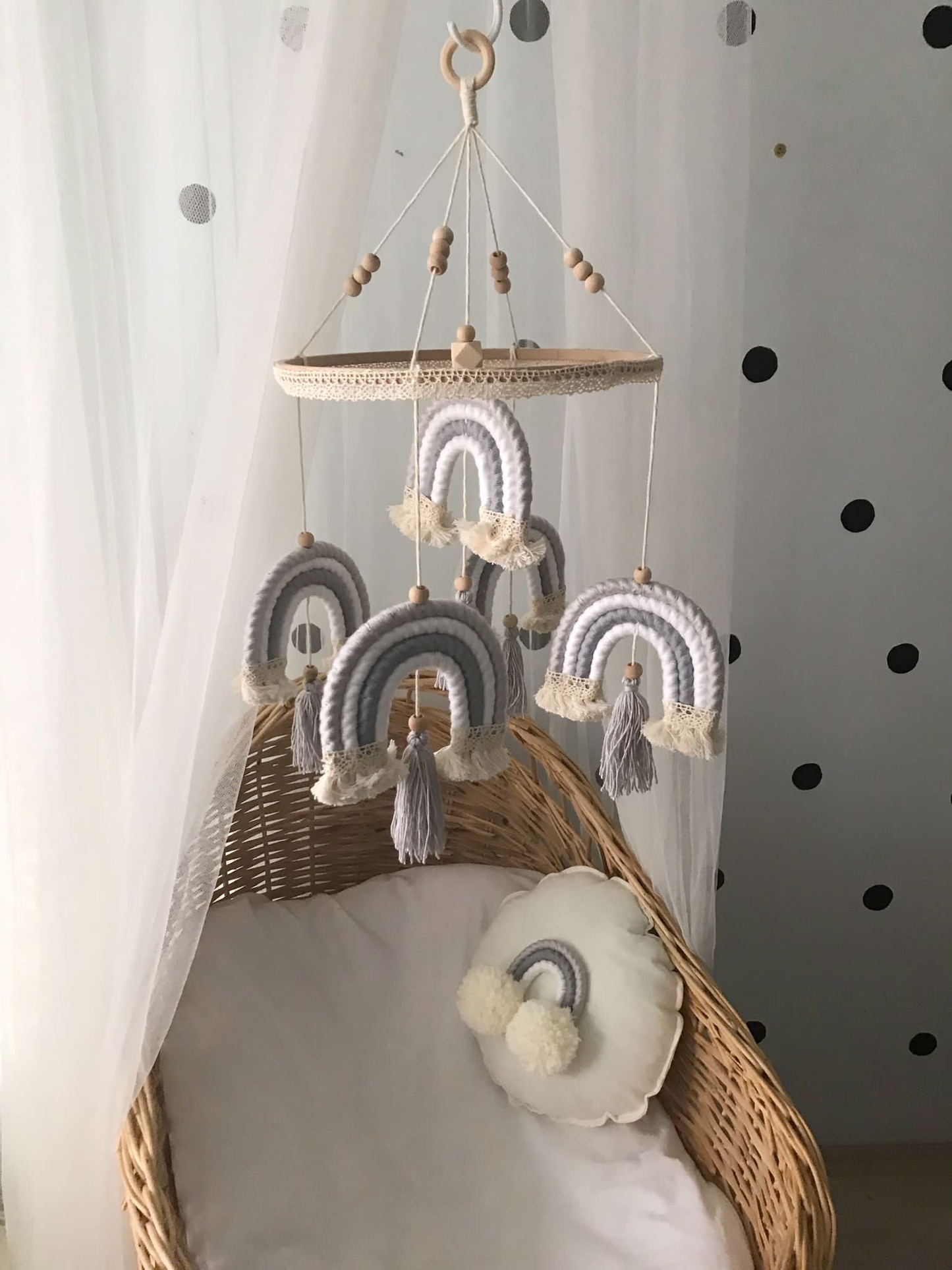 Macrame Baby Mobile Gray White Rainbow