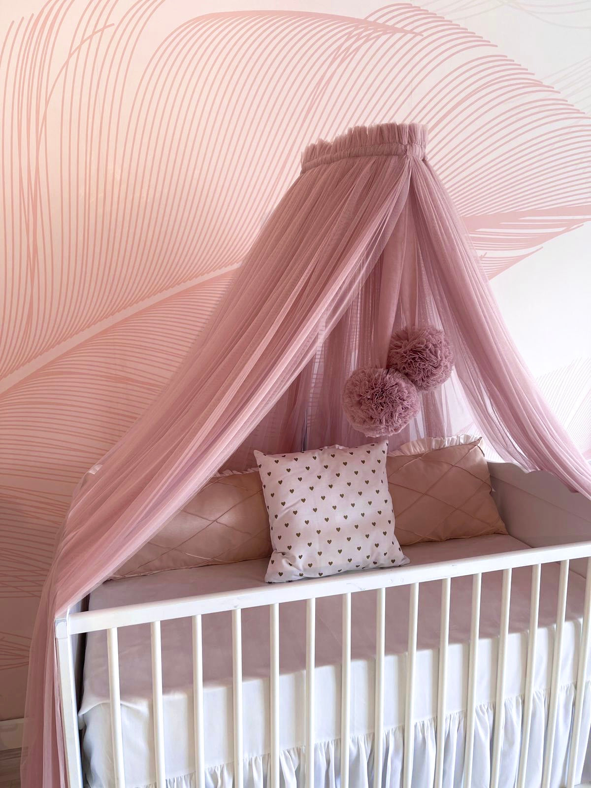 Bed canopy old pink with pompoms