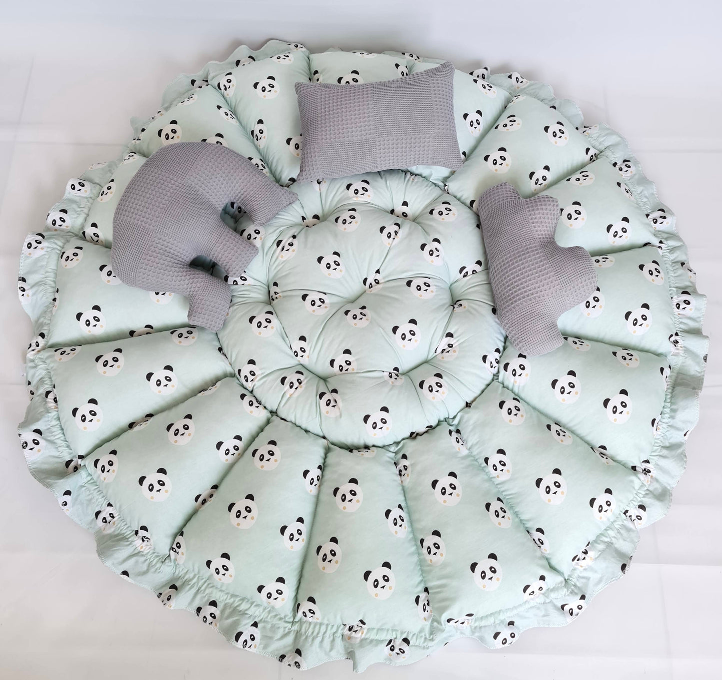 2-tlg. Set 2in1 Spielmatte / Babynest grau mintgrün Panda+ Sommerdecke