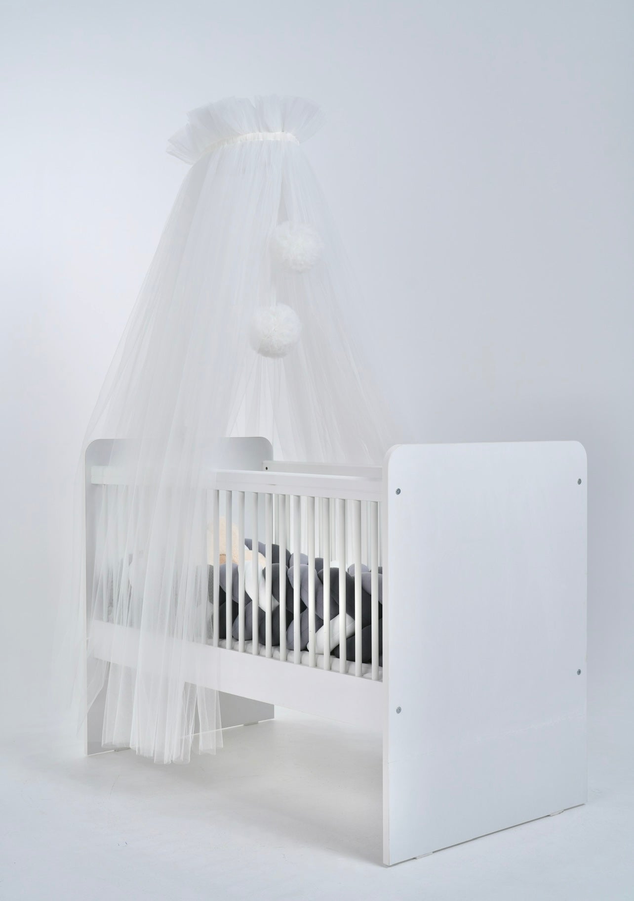 Standard tulle bed canopy with ecru pompoms