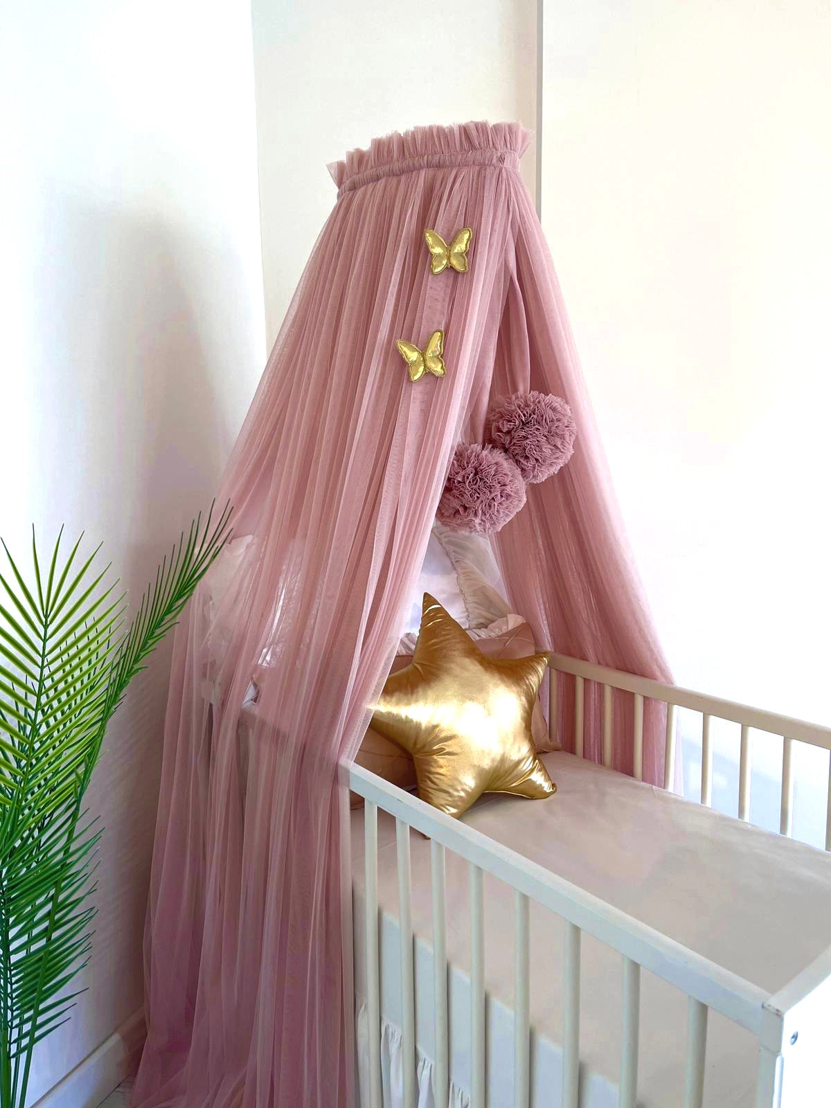 Bed canopy old pink with pompoms