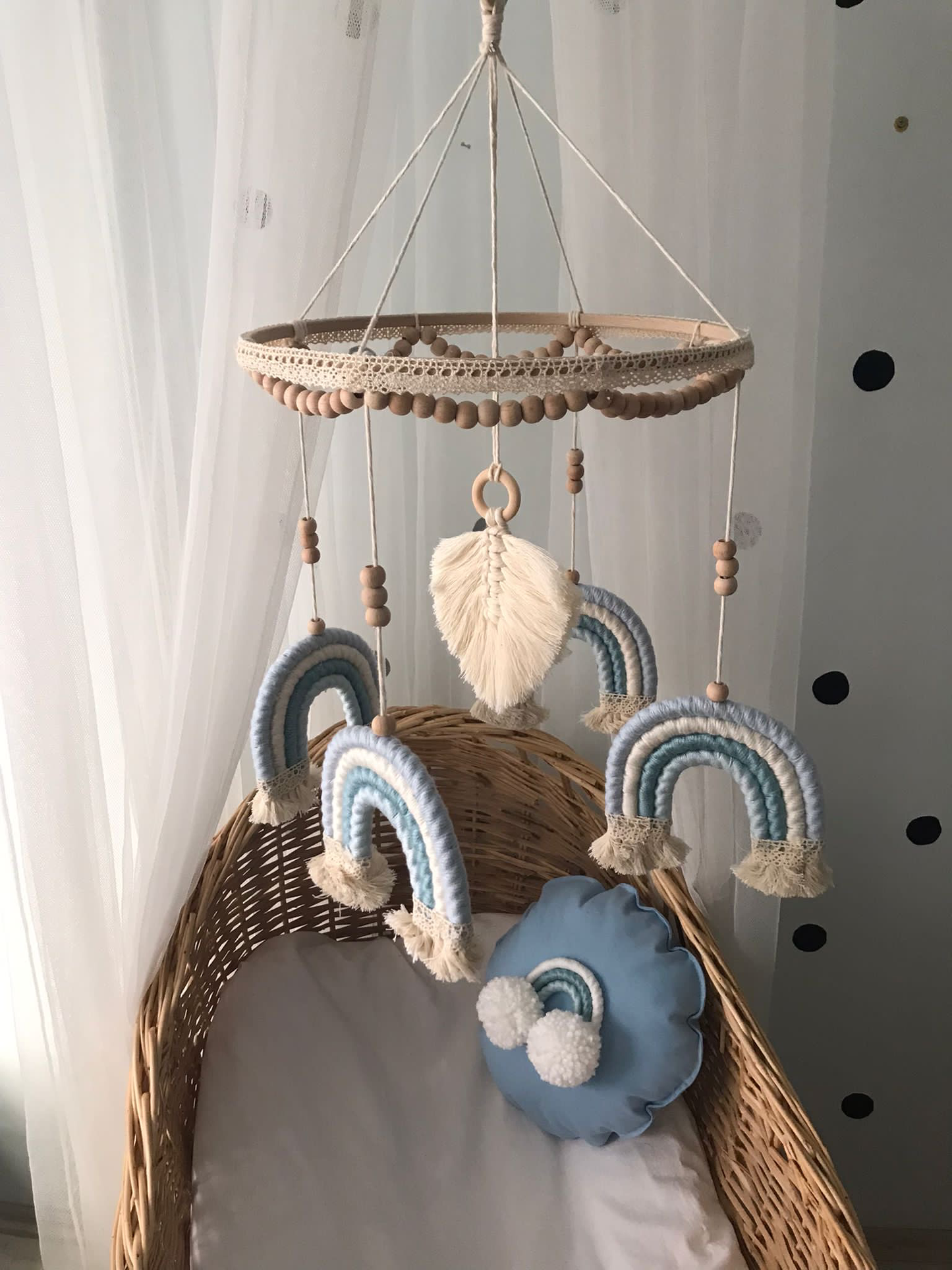 Macrame baby mobile blue rainbow
