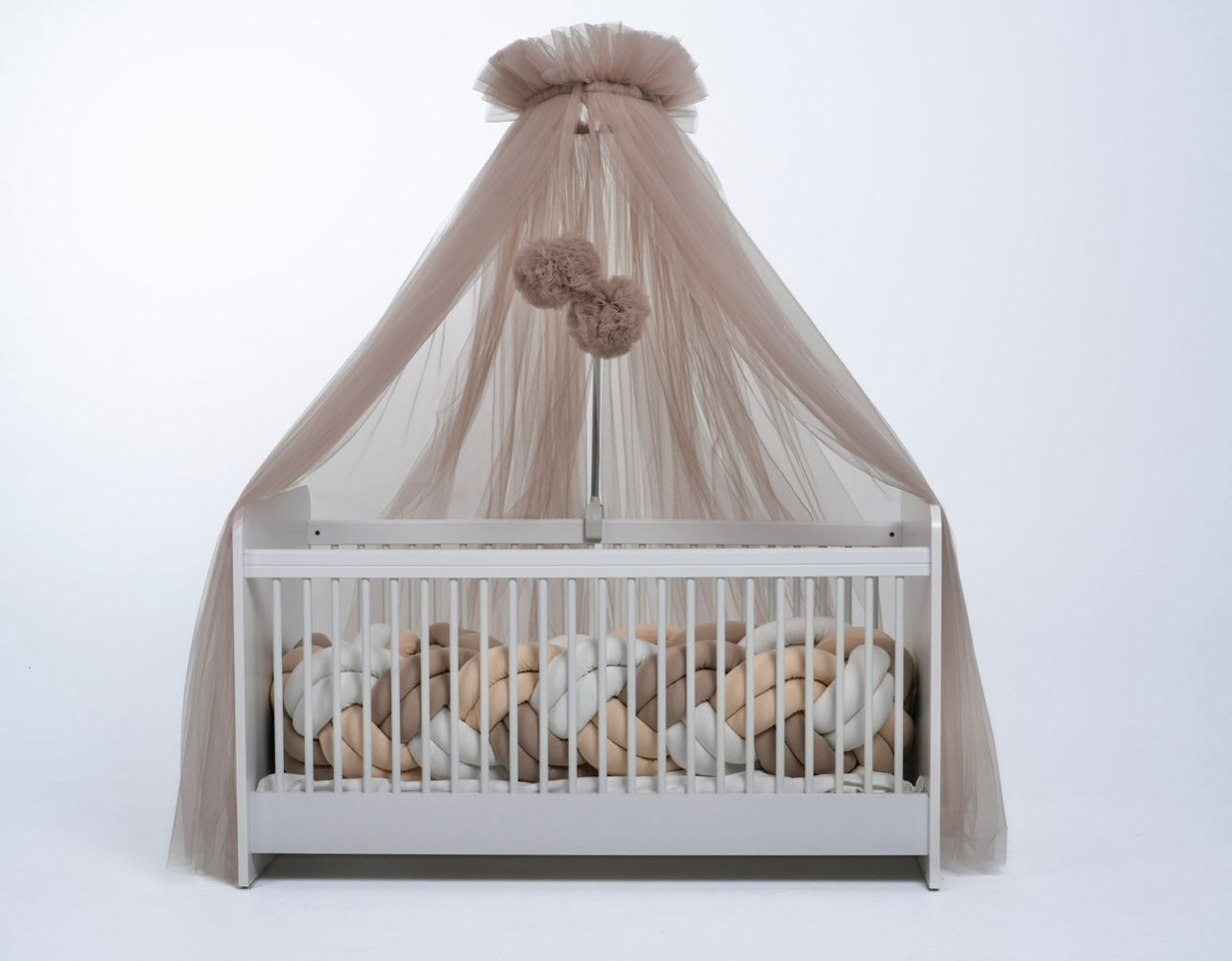 Standard tulle bed canopy with taupe bobbles