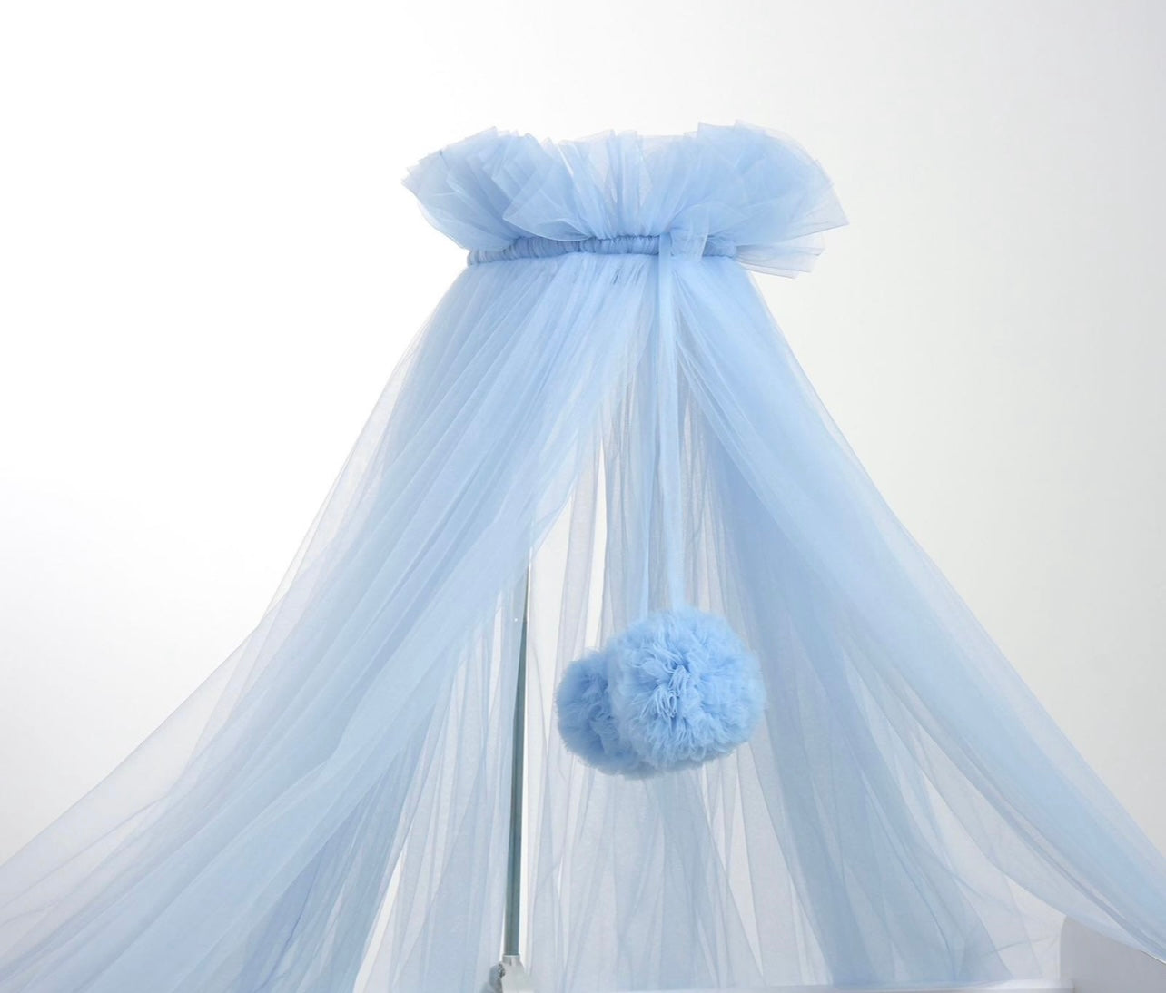 Standard tulle bed canopy with blue bobbles