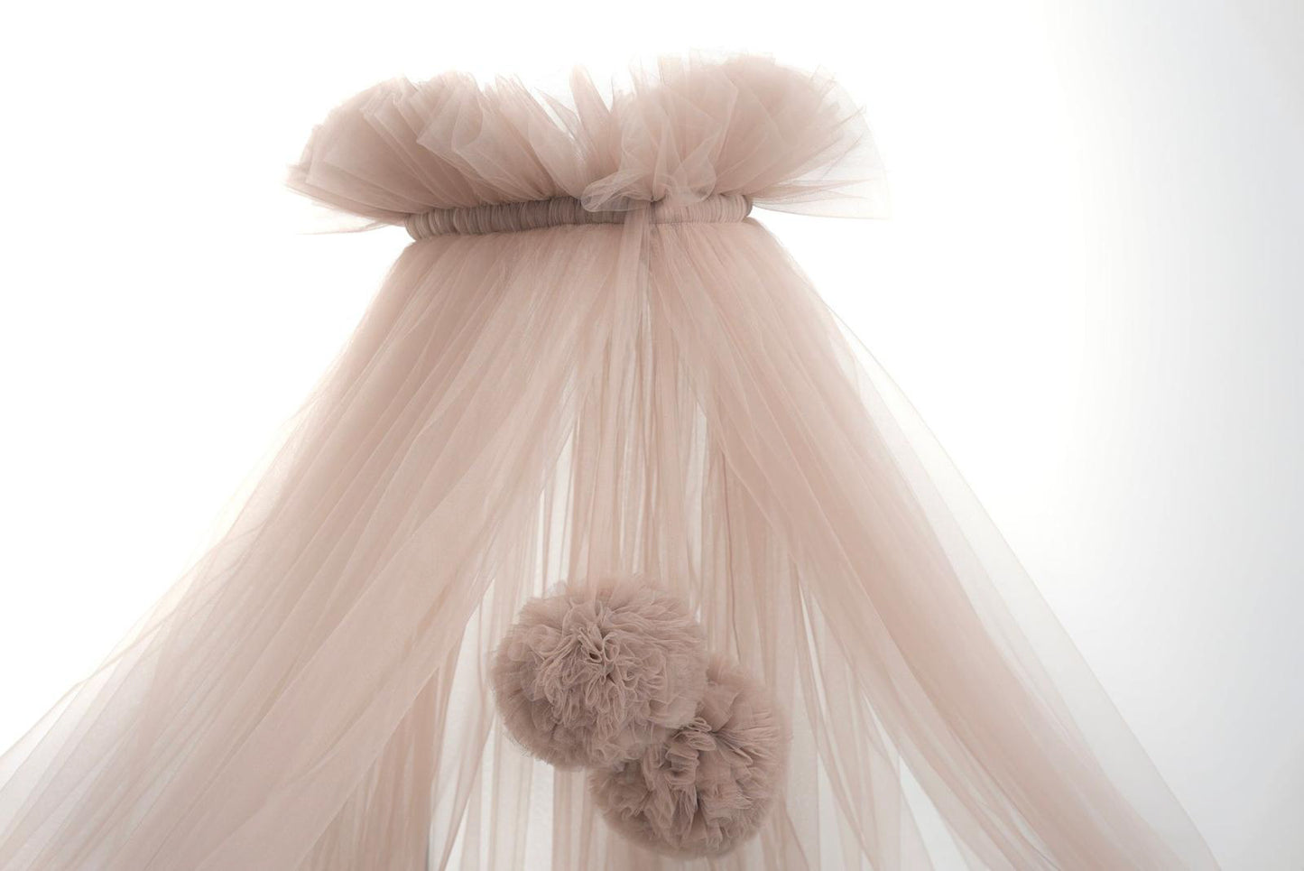 Standard tulle bed canopy with taupe bobbles