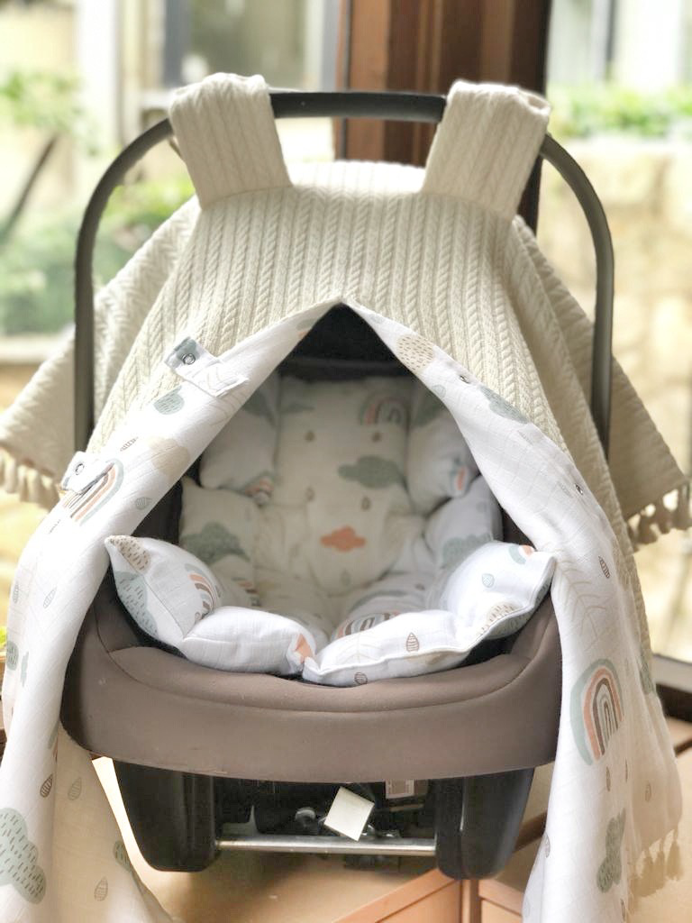 Baby Car Seat Set 2-layer, Cream Rainbow with Fringes