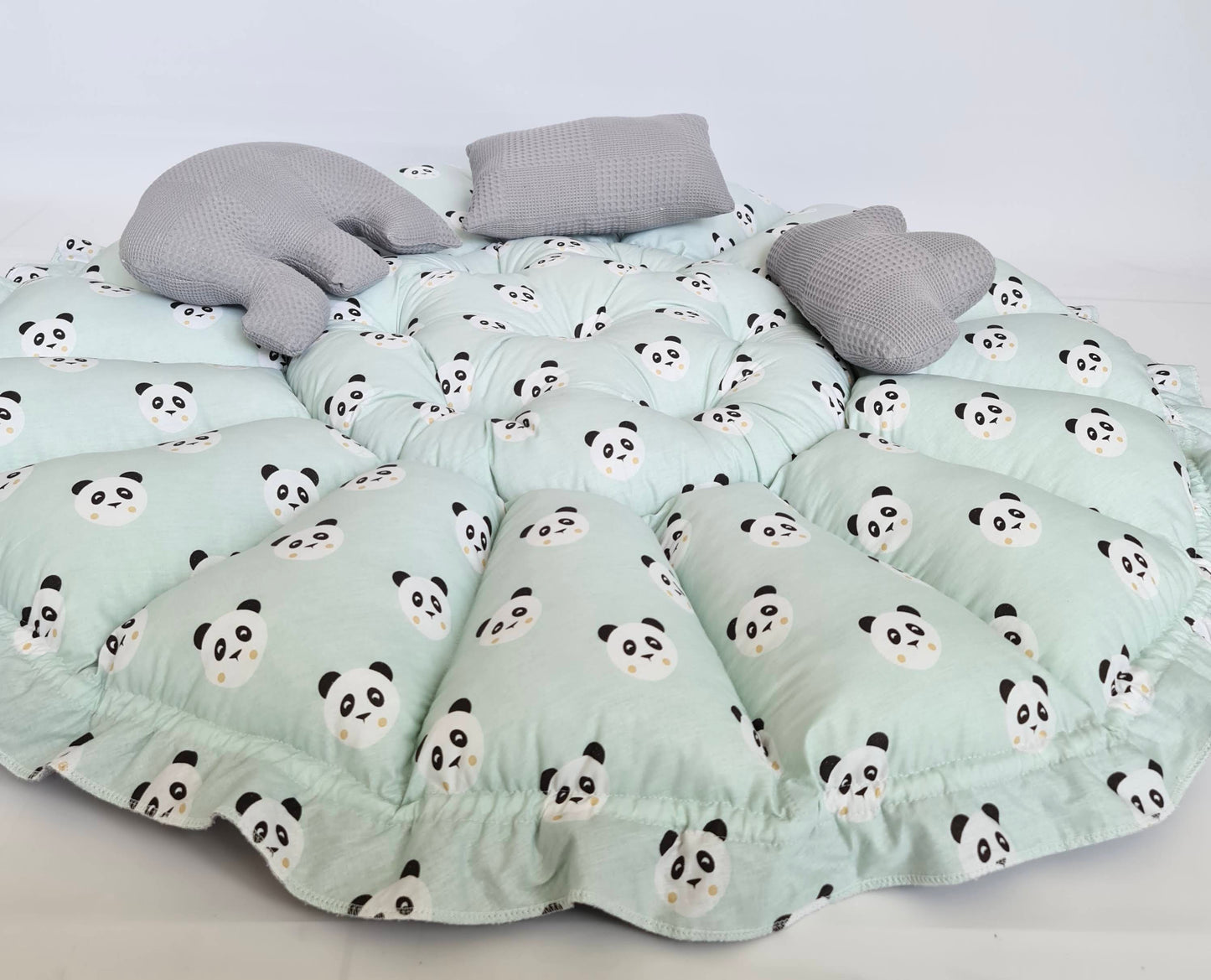 2-tlg. Set 2in1 Spielmatte / Babynest grau mintgrün Panda+ Sommerdecke