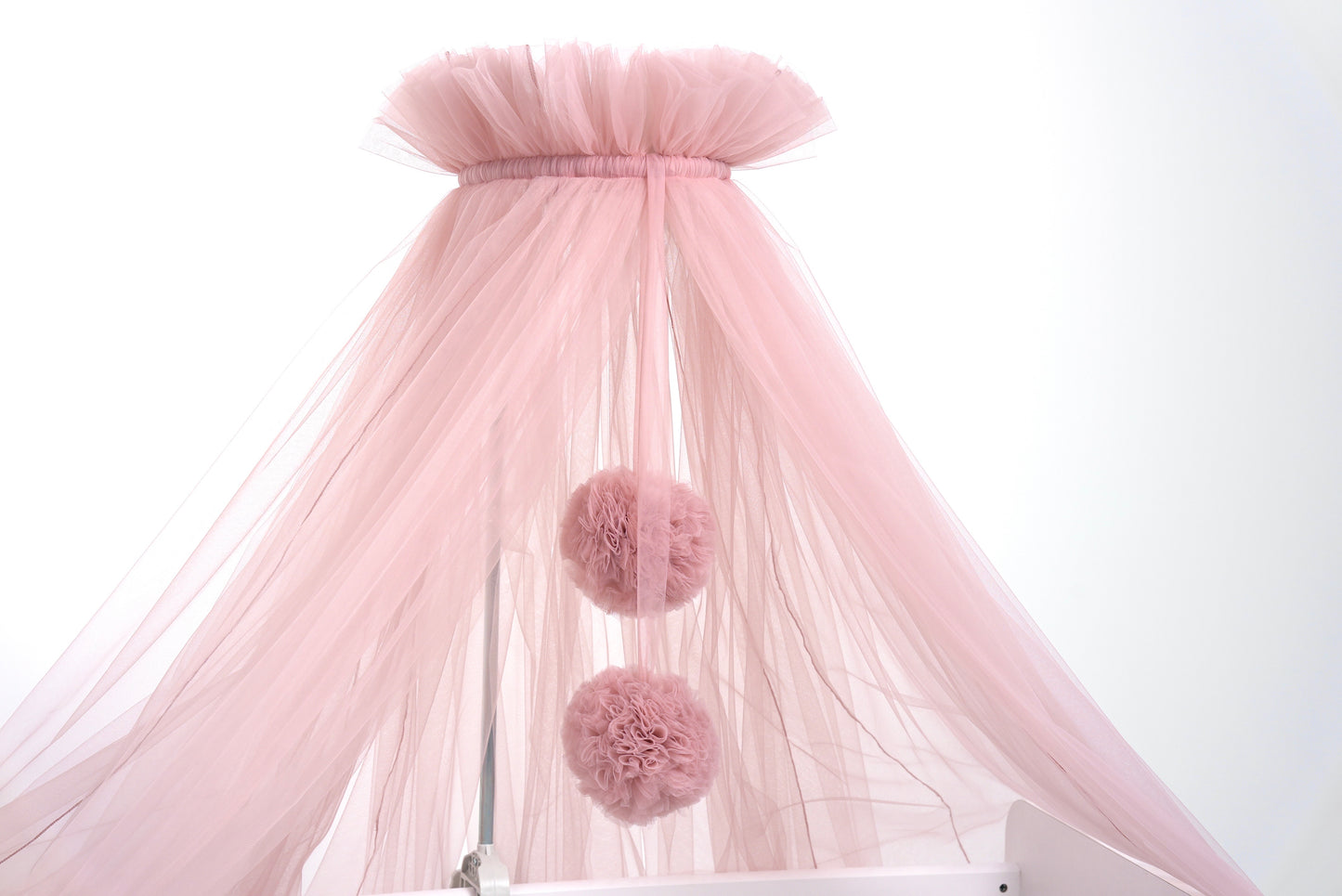 Standard tulle bed canopy with pompoms old pink