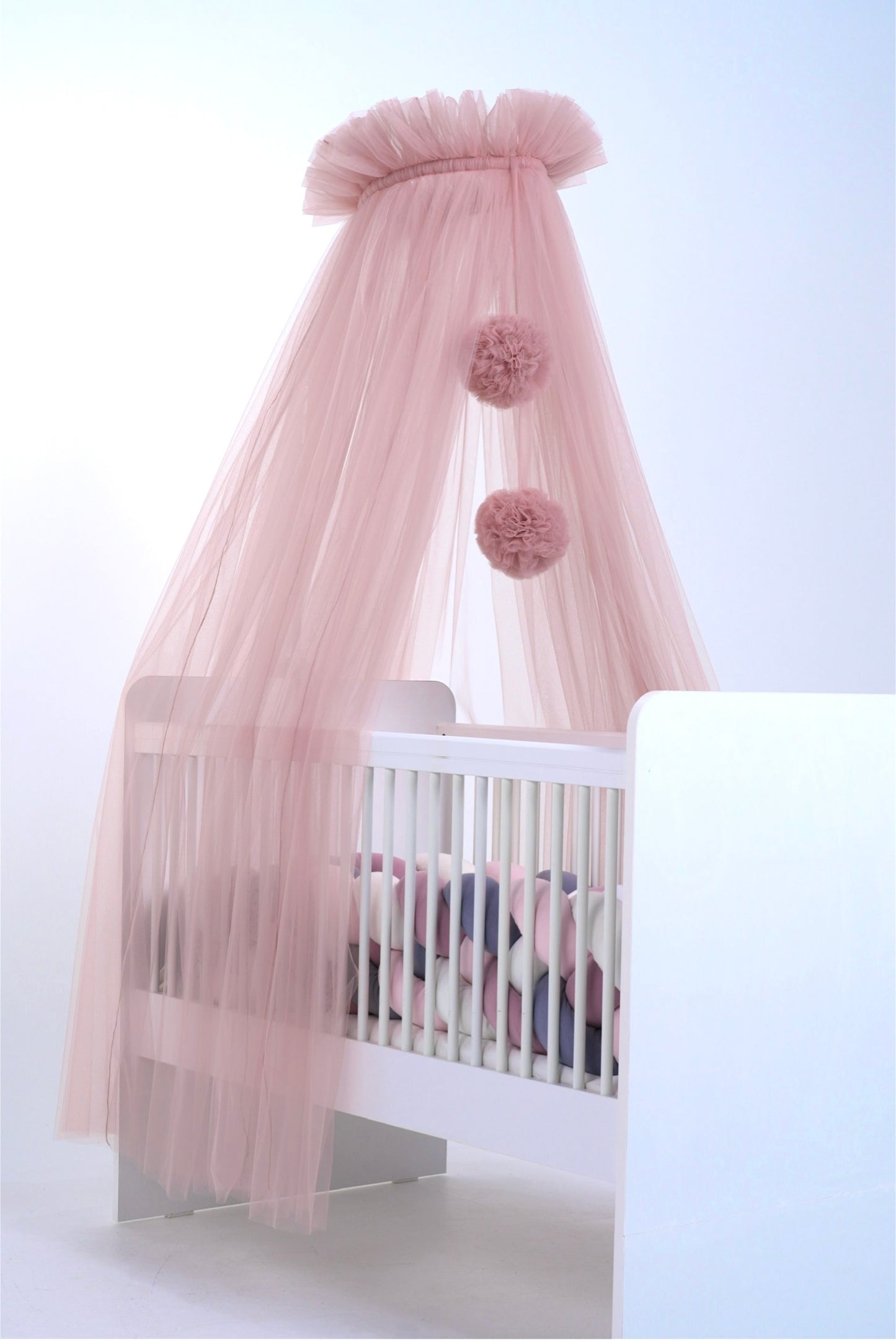 Standard tulle bed canopy with pompoms old pink