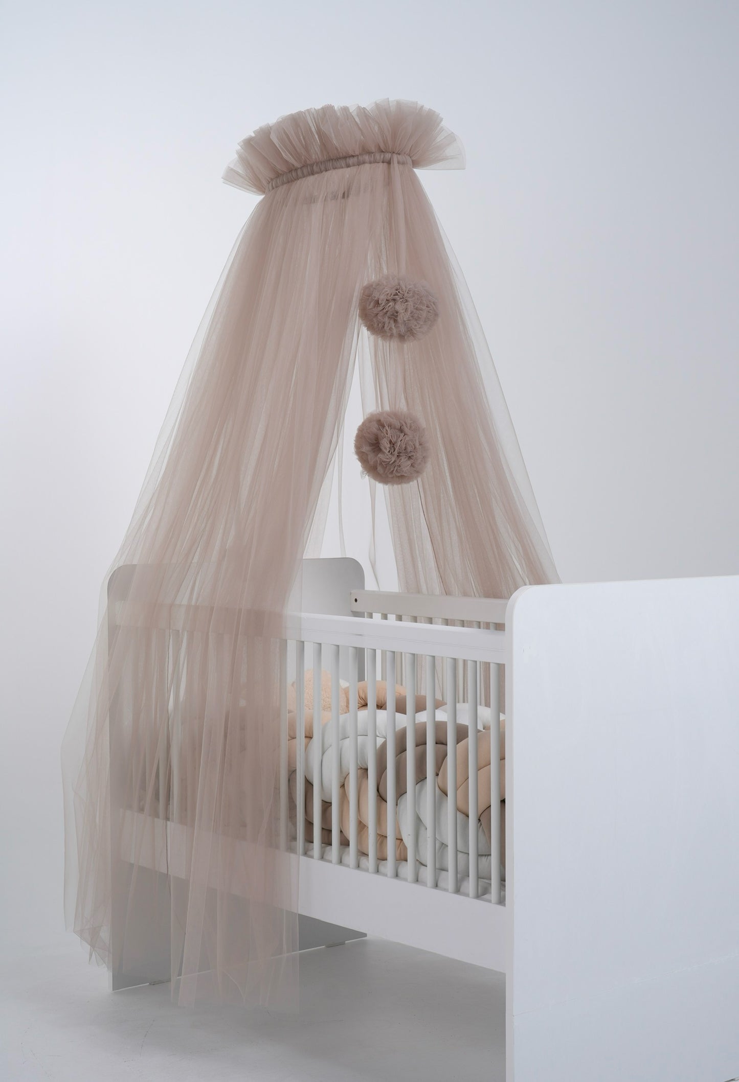 Standard tulle bed canopy with taupe bobbles