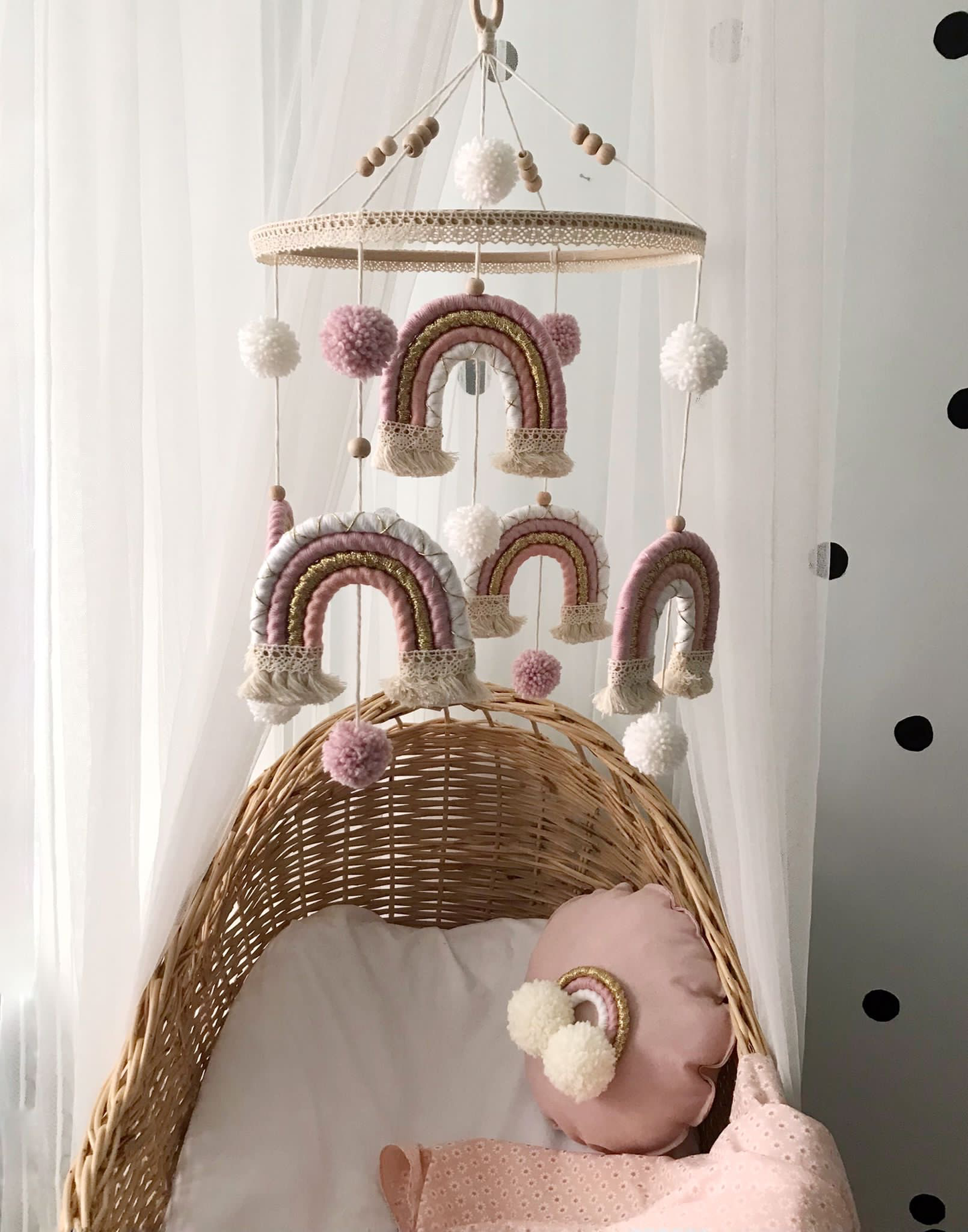 Macrame baby mobile old pink pompoms