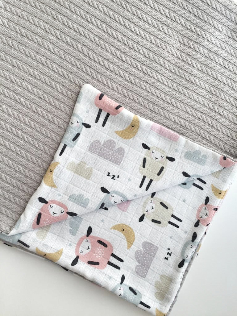 Muslin baby blanket gray colorful sheep