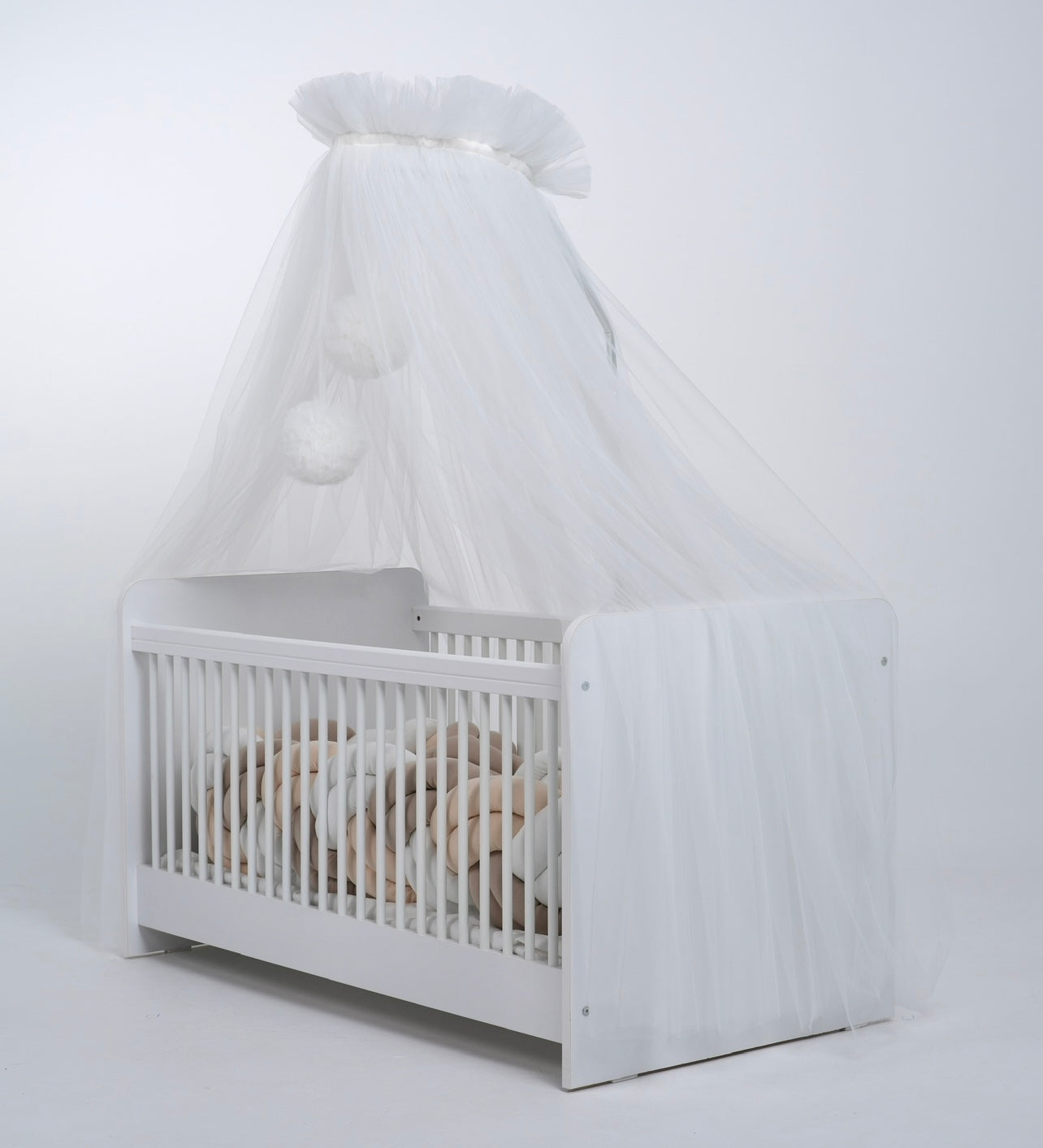 Standard tulle bed canopy with ecru pompoms