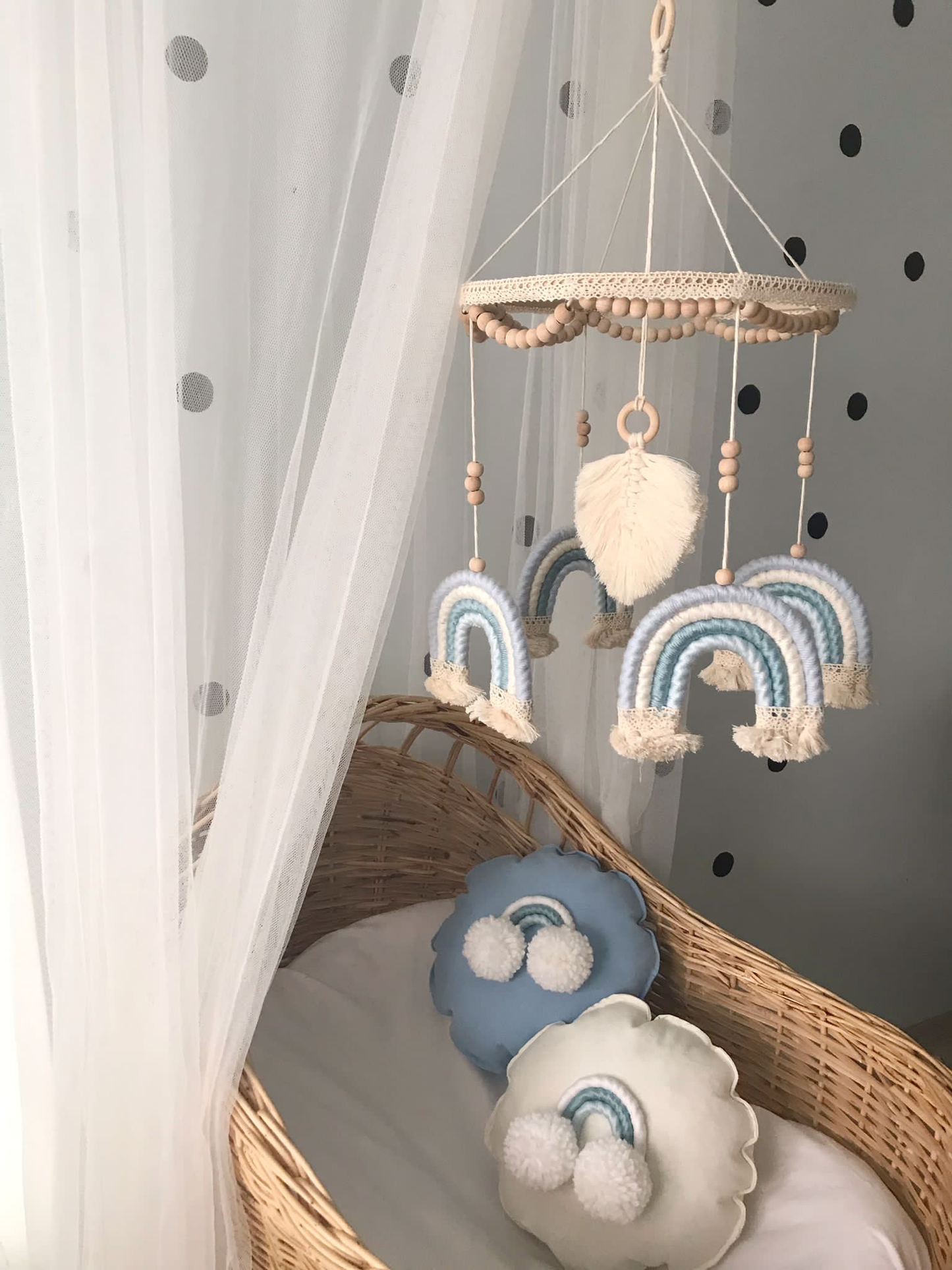 Macrame baby mobile blue rainbow