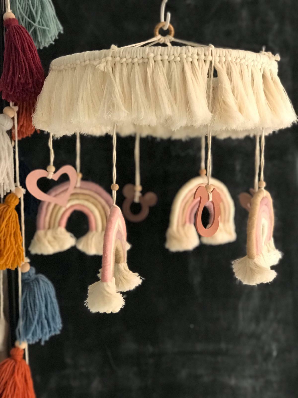 Macrame baby mobile old pink rainbow