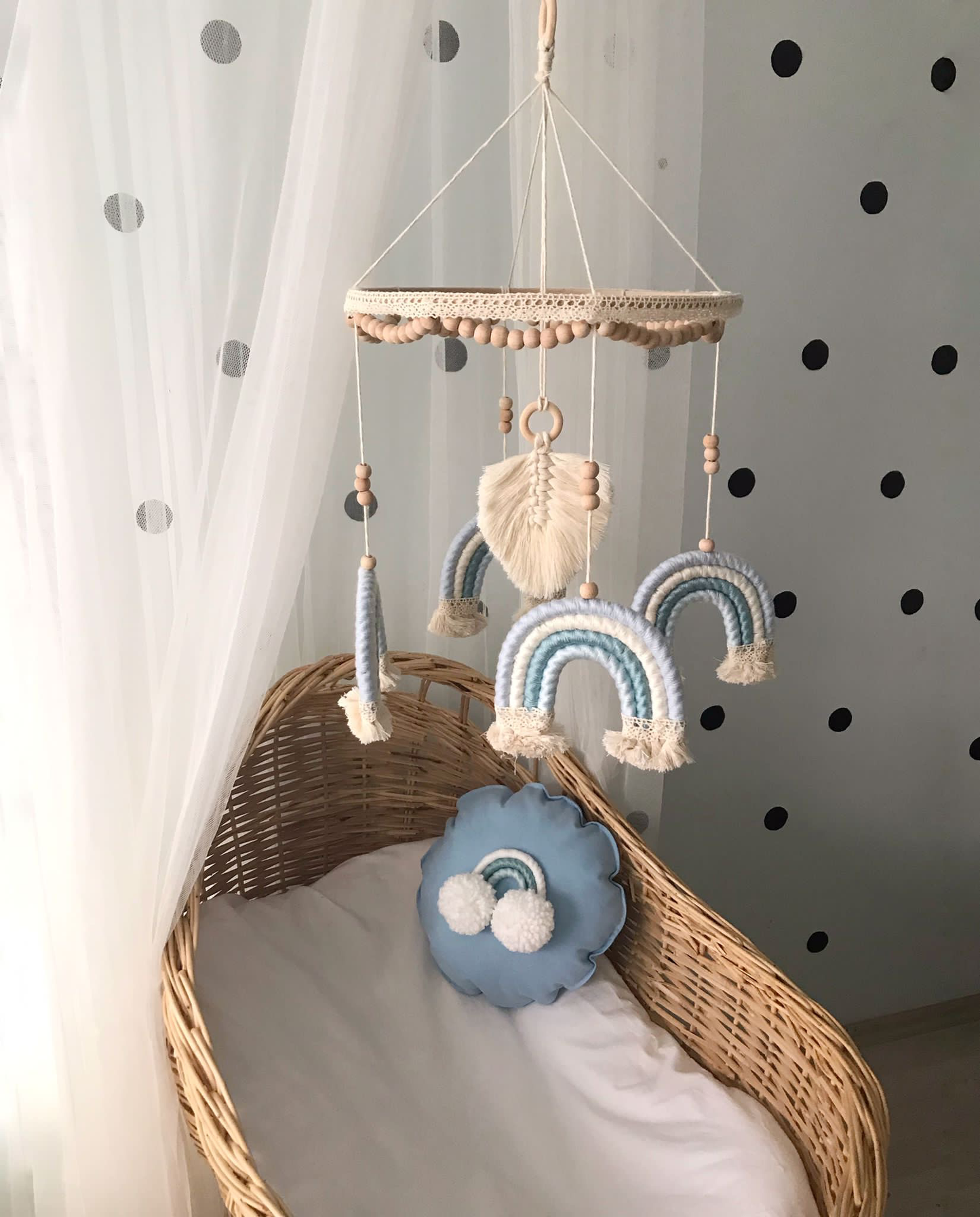 Macrame baby mobile blue rainbow