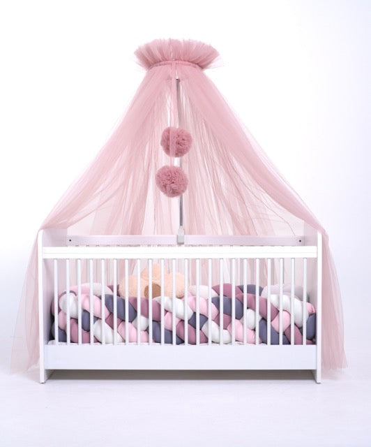 Standard tulle bed canopy with pompoms old pink