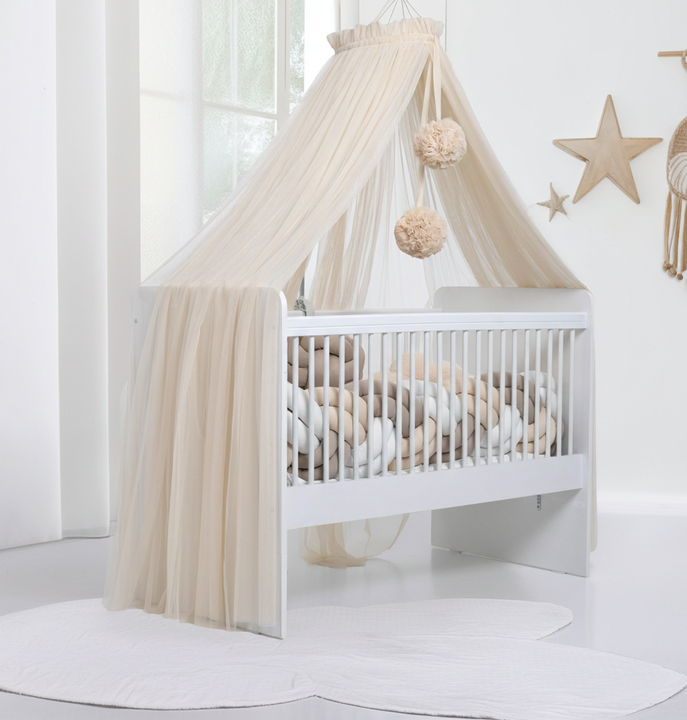 Light beige bed canopy with bobbles