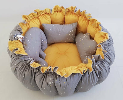 SET 2in1 play mat / baby nest yellow / grey Milky Way with nursing pillow