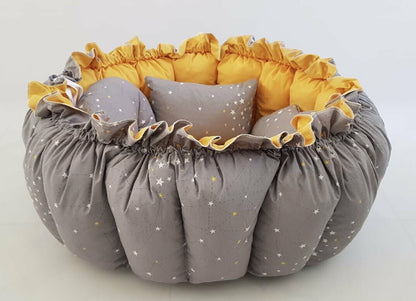 SET 2in1 play mat / baby nest yellow / grey Milky Way with nursing pillow