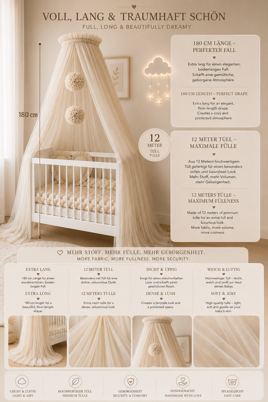 Beige bed canopy with pompoms