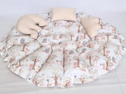2 pcs. Set 2in1 play mat / baby nest beige boho forest animals + summer blanket