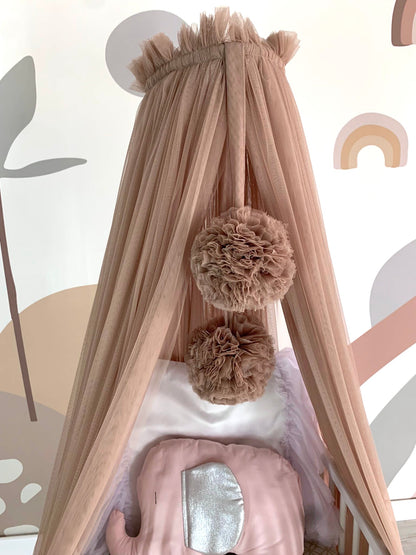 Bed canopy taupe/brown with bobbles
