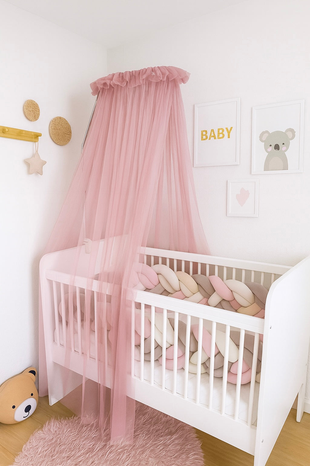 Baby Fancyroom canopy for baby bed 300x180 cm – fine tulle, handmade, elegant flounce, antique pink 