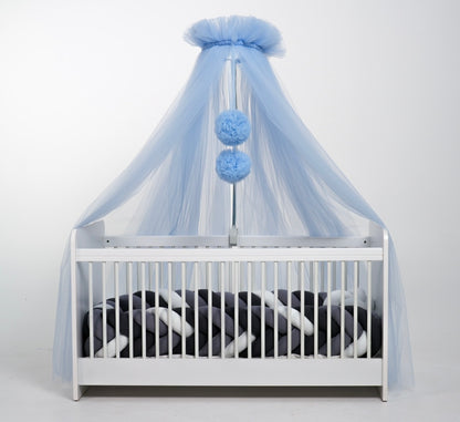 Standard tulle bed canopy with blue bobbles