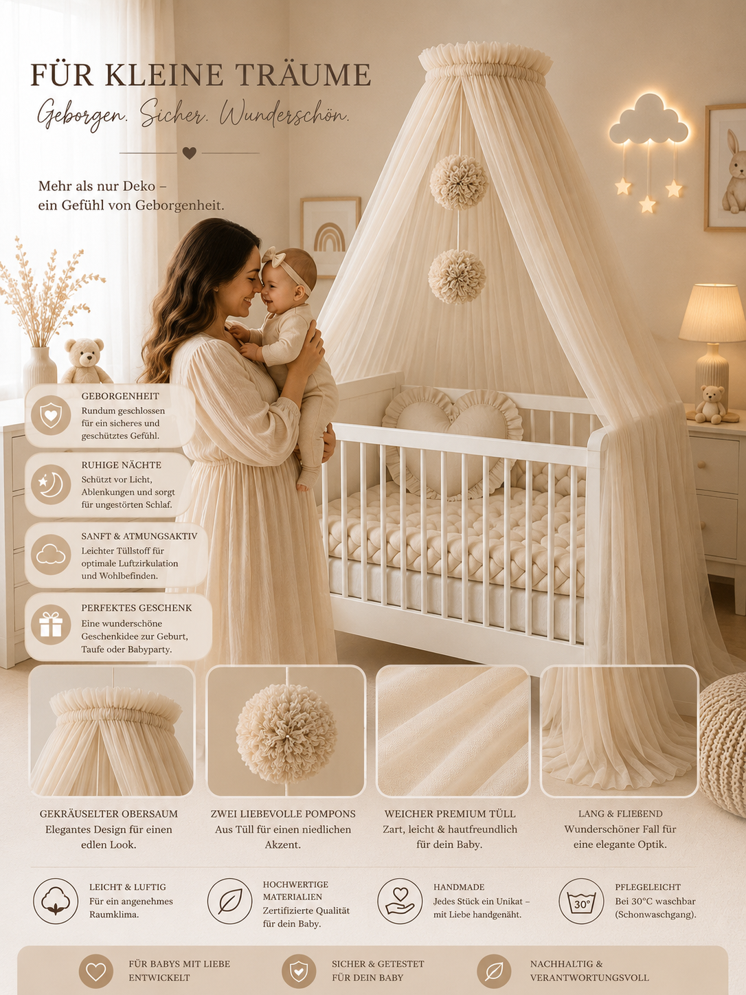 Beige bed canopy with pompoms